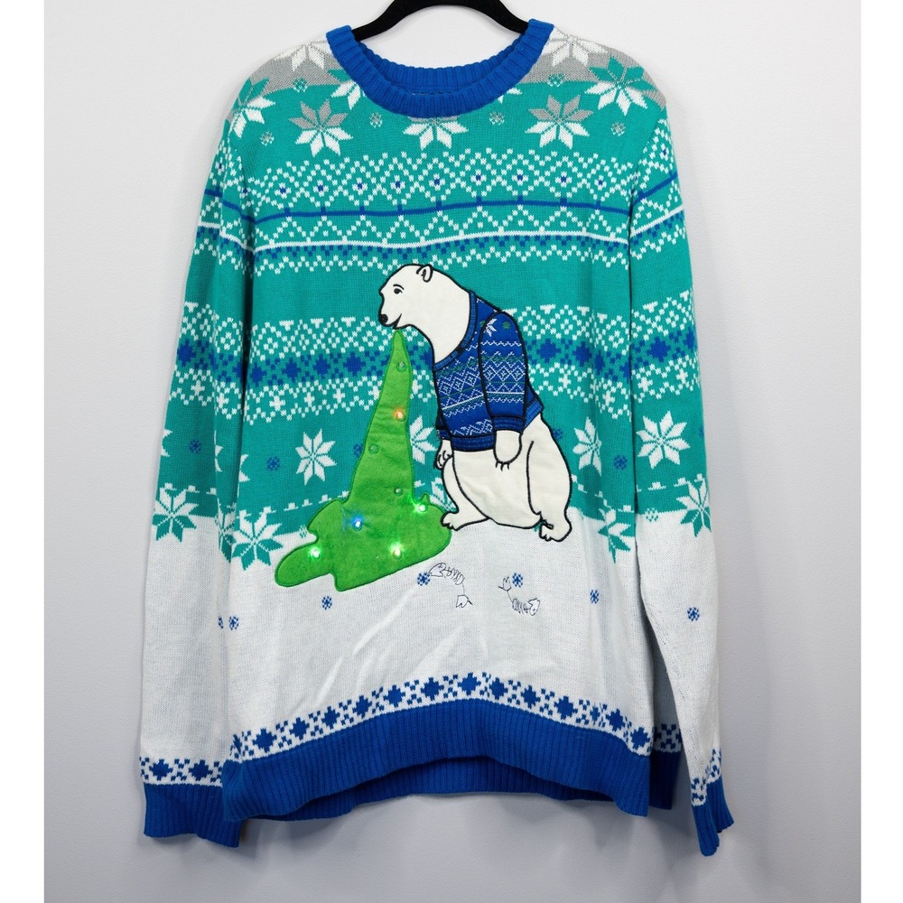 Blizzard Bay Ugly Christmas Sweater Mens XL Teal Excellent Light Up Polar Bear